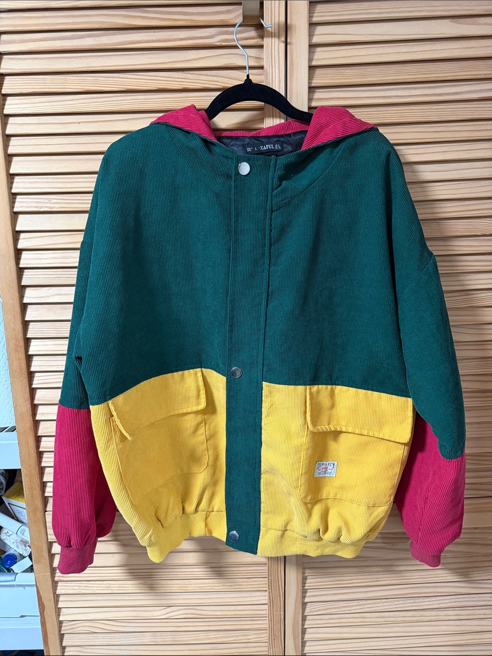 Zaful Colorblock Hooded Puffer Jacket in Green, Yellow & Pink